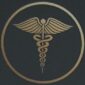 Golden caduceus symbol inside a circle representing trust and communication.